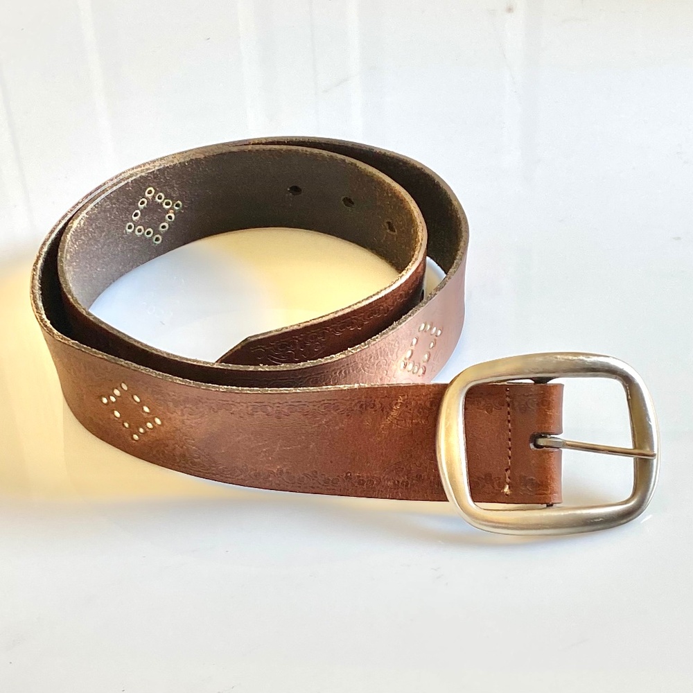 REAL LEATHER HANDMADE BELT WITH TINY STUDS & STAMPED PATTERN